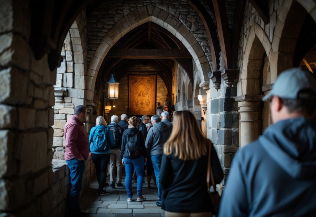 Tourists exploring the dim interior of Dracula’s Castle with stone walls and gothic arches visible.